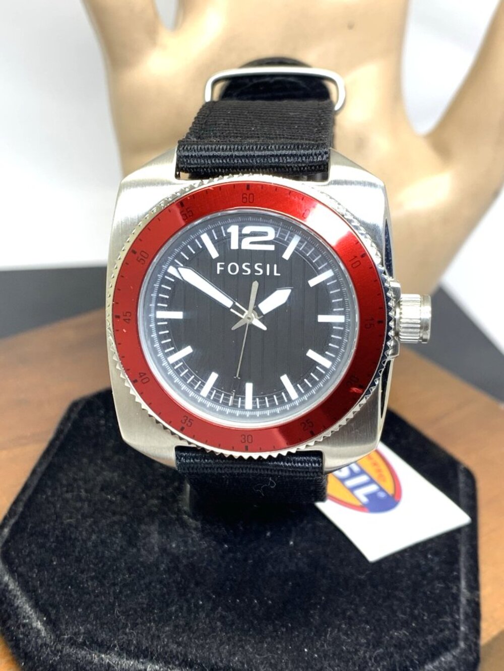 Fossil Men's Watch WB1042 Quartz Black Dial Red Bezel Nylon Strap 38mm